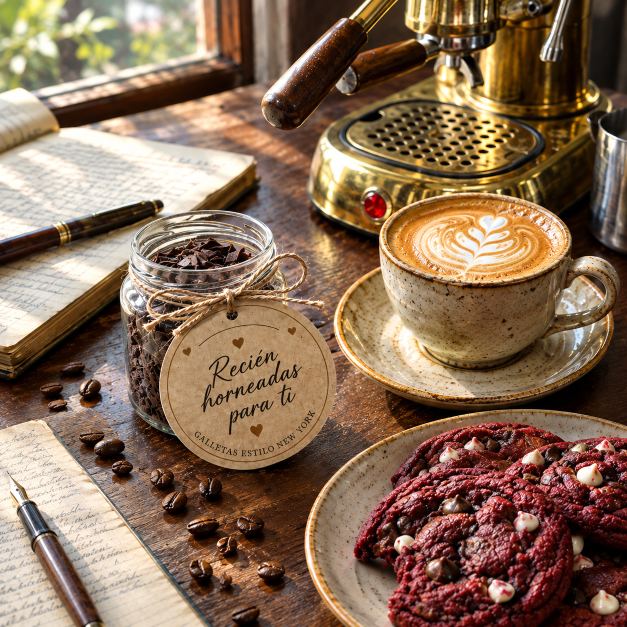 Escena cálida de cafetería con café y cookies estilo New York
